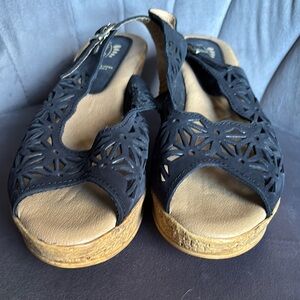 Spring Step Black and Tan Wedge Sandals with Intricate Design